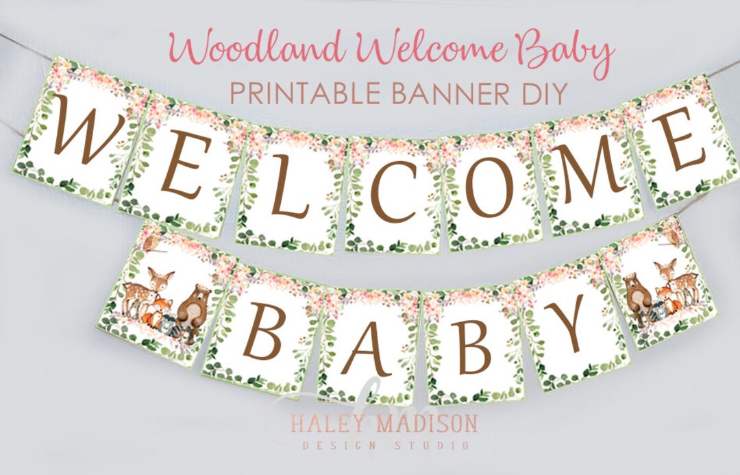 PRINTABLE Girl Woodland Welcome Baby Banner, Baby Shower Banner ...