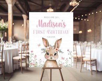 Willkommensschild zum ersten Geburtstag mit Hasenmotiv, Blumendeko für die Hasenparty (digital oder gedruckt)