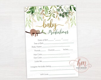 May include: A printable baby shower game card with a sloth illustration and a green and gold floral design. The card has lines for guests to write down their predictions for the baby's birth date, time, name, weight, length, hair color, eye color, and what the baby looks like. The card also includes the text "baby predictions".