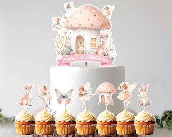 Fairy Cake Topper and Cupcake Topper Bundle, 1 personalized cake topper & 24 cupcake toppers Fairies Birthday Party cake decorations