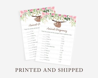 Floral Sloth Animal Pregnancy cards, Sloth baby shower game Pink, Sloth Greenery Baby Shower animal gestation game PRINTED and SHIPPED HM988