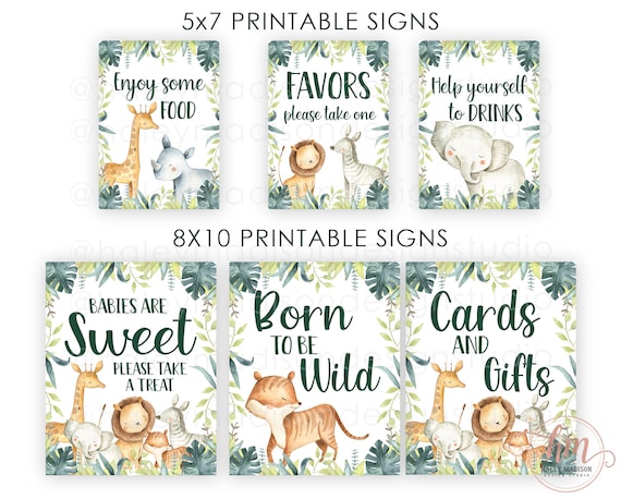 Set of 6 PRINTABLE Jungle baby shower signs, Jungle Table signs, Food sign, Favors sign, Jungle gift sign, safari baby shower signs HM952