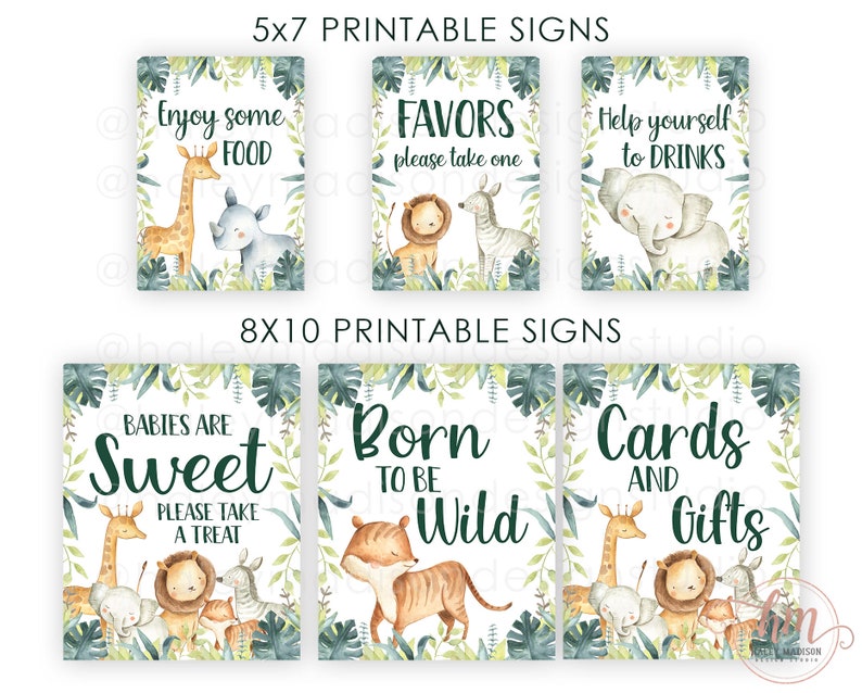 May include: A collection of printable signs with jungle animal illustrations. The signs include phrases like "Enjoy some FOOD", "FAVORS please take one", and "Help yourself to DRINKS". The signs are 5x7 and 8x10 inches.
