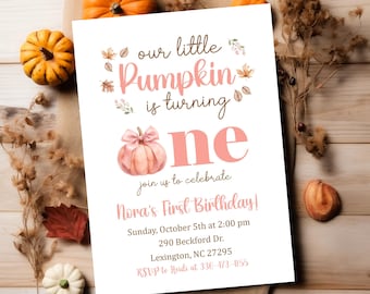 Pink Little Pumpkin First Birthday Party Invitation, Girl Pumpkin First Birthday party Invitation, Fall birthday pumpkin party