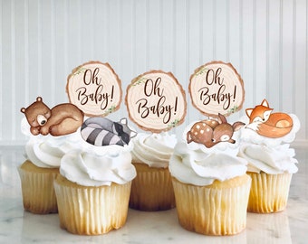 Set of 12 Woodland Cupcake Toppers, Woodland Baby Shower cupcake toppers, Woodland baby shower decorations, Woodland baby animals, Cupcakes