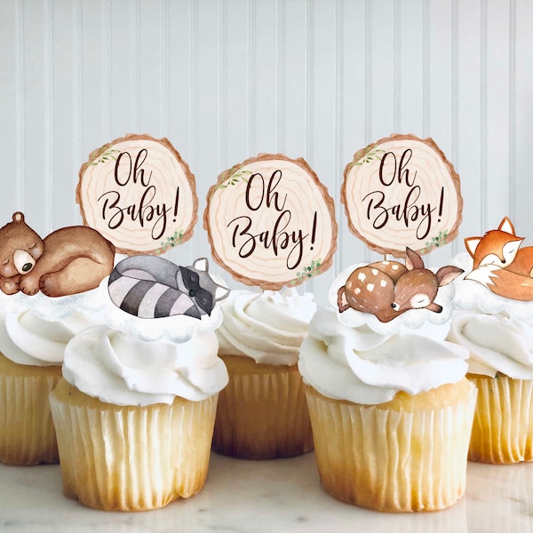 Set of 12 Woodland Cupcake Toppers, Woodland Baby Shower cupcake toppers, Woodland baby shower decorations, Woodland baby animals, Cupcakes