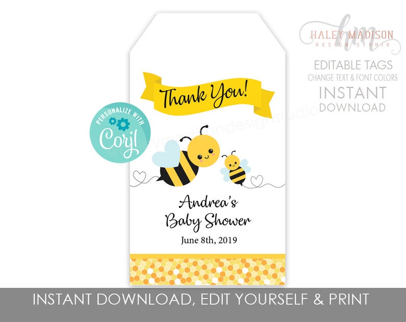 EDITABLE HM552 Bumble Bee Favor Tags Bee Birthday Party Thank you tags Bumble Bee Thank you Tags Bee baby shower thank you tags Labels