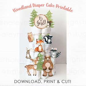PRINTABLE Woodland IT&#39;S A GIRL Diaper Cake, Woodland Baby Shower Printable Diaper Cake, Woodland Animals Cutouts, Woodland Diaper Cake sign