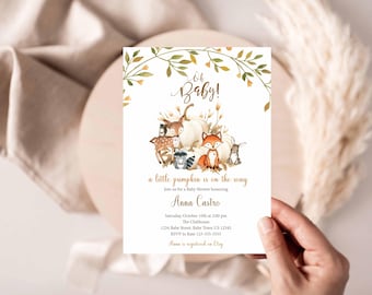 May include: A baby shower invitation with watercolour illustrations of woodland creatures and pumpkins. The text says "Oh Baby!" and "a little pumpkin is on the way." The invitation includes event details and the name Anna Castro.