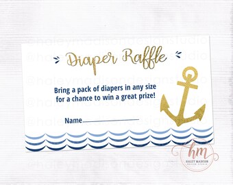 Nautical Baby shower Diaper Raffle Cards, Bring a pack of diapers, Navy Blue and Gold Nautical Baby Shower Diaper Raffle baby shower HM386