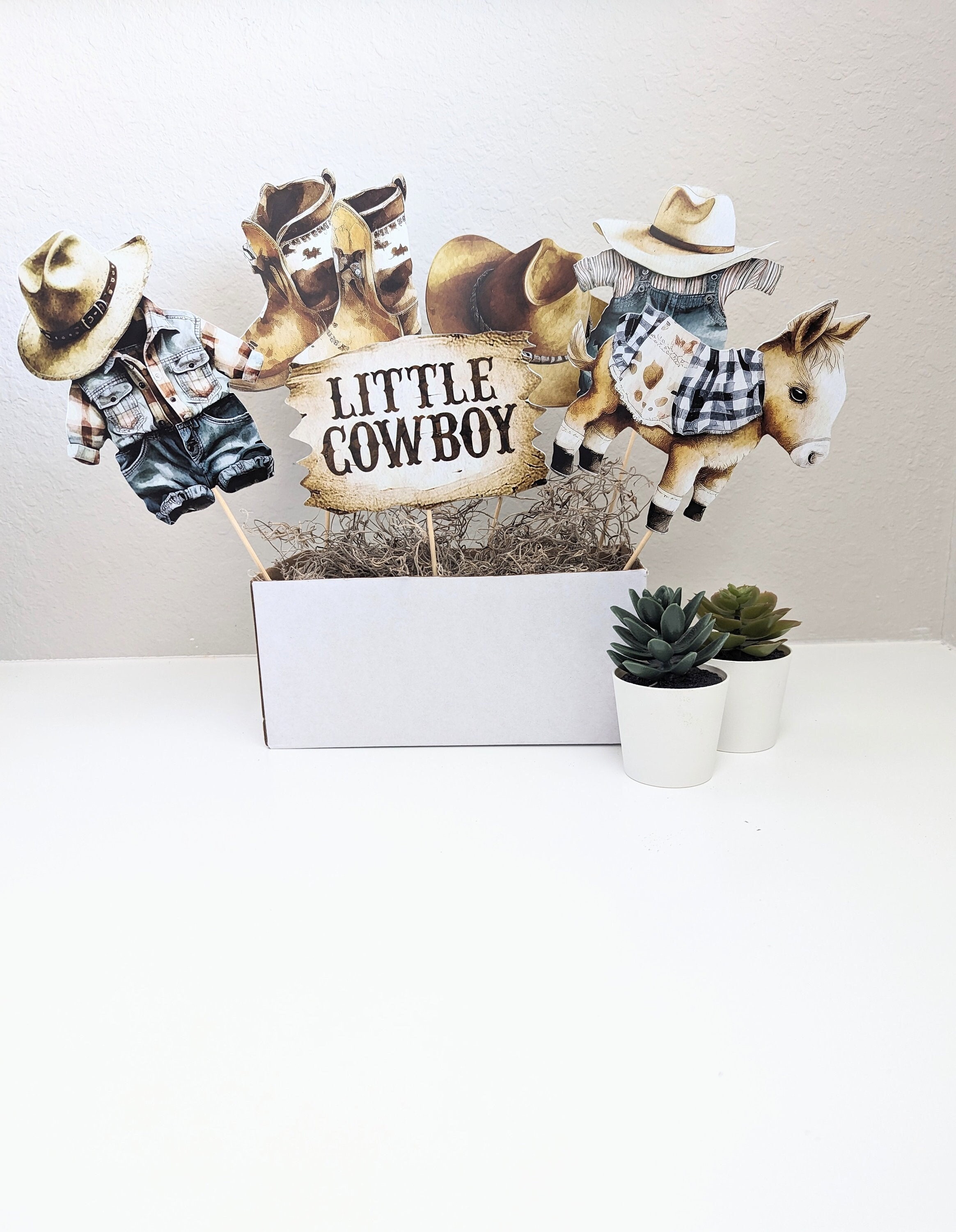 Set of 6 Cowboy Centerpieces, 6" Little Cowboy, Cowboy baby shower centerpiece Cowboy Birthday Party centerpieces, Cowgirl Decorations HM788