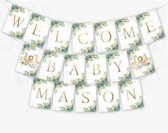 Jungle Safari Gold Welcome Baby Banner, Jungle Baby Shower sign, Welcome baby Name banner, Girl Jungle Safari baby shower decorations, HM952