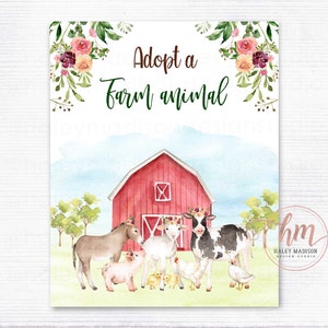 Adopt a Farm Animal Floral Party Sign,Farm Party Birthday Sign,Farm Animal Birthday Favors,Adopt an Animal Farm Party PRINTABLE FILE HM596