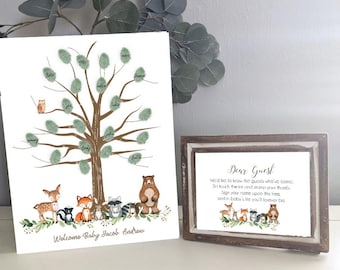 Cartello con impronta digitale del bosco, cartello con impronta digitale per baby shower del bosco, impronta digitale dell&#39;ospite, ricordo del bambino del bosco, cartello dell&#39;ospite del bosco, betulle