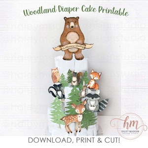 DRUCKBARE Woodland WILLKOMMEN BABY Windeltorte, Woodland Baby Shower druckbare Windeltorte, Waldtiere Ausschnitte, Waldwindeltorte Zeichen