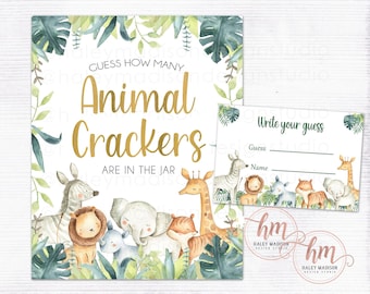 PRINTABLE Jungle Baby Shower, Guess How many Animal Crackers sign, Safari baby shower game, Gender neutral jungle shower game sign HM952