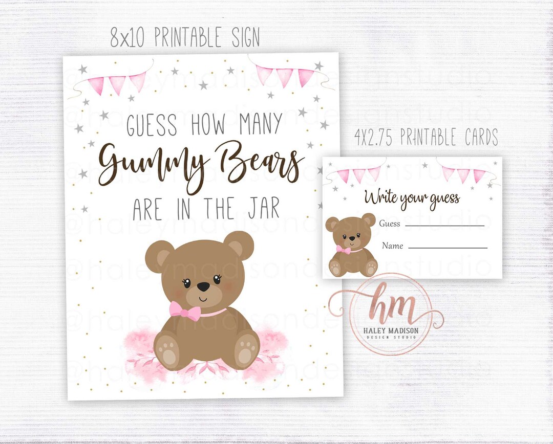 PRINTABLE Guess How Many Gummy Bears PINK Sign, Bearly Wait Baby Shower ...