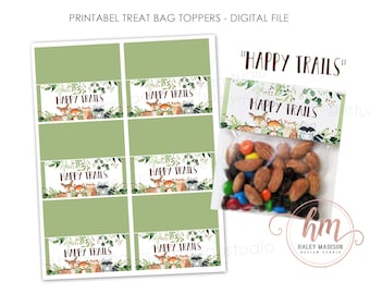 Decorazioni per sacchetti di dolcetti Woodland, decorazioni per sacchetti di dolcetti per feste di compleanno Woodland, bomboniere per baby shower Woodland, etichetta Woodland Happy Trails STAMPABILE