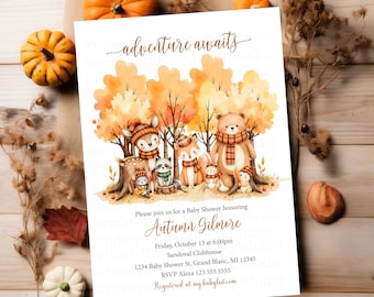 May include: A rectangular baby shower invitation card featuring watercolour illustrations of a deer, raccoon, fox, rabbit, bear, and hedgehog in an autumn forest. The text reads Adventure Awaits, Autumn Gilmore, Friday, October 13 at 6:00pm, Sandoval Clubhouse, 1234 Baby Shower St, Grand Blanc, MI 12345, RSVP Alexa 123.555.5555, Registered at mybabylist.com.