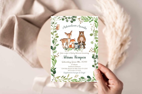 Woodland Baby Shower Invitation, Adventure Awaits woodland invitation, forest friends baby shower invitation, greenery woodland invitation
