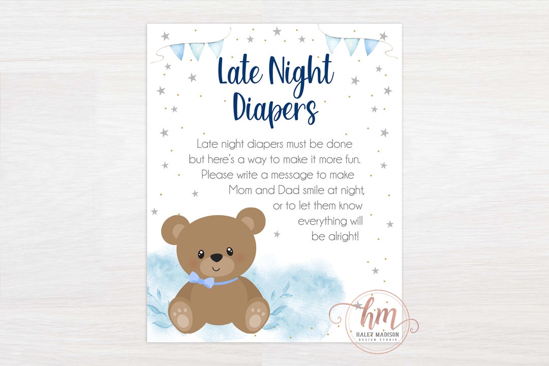 PRINTABLE Teddy Bear Late Night Diapers Sign, Bearly Wait Baby Shower ...