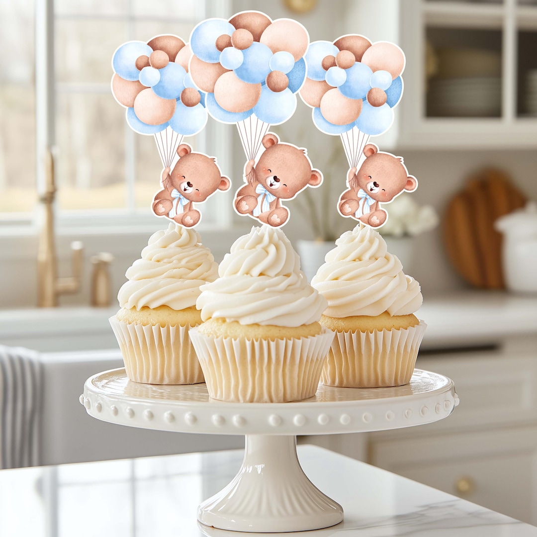 36 Pièces Décorations pour Cupcakes, Décoration de Gâteau avec Oursons pour Baby Shower, Gender Reveal, Baptême