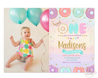 Donut First Birthday Invitation, Sprinkles Birthday Party Invitation, Donut Birthday party invitation, Girl Donut Invitation PRINTABLE FILE