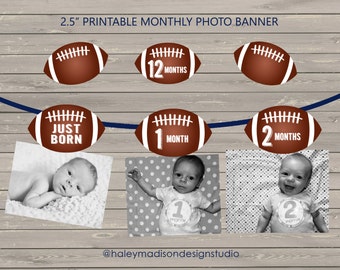 Football 12 month photo birthday banner, Football party banner decoration DIGITAL FILE