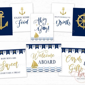 Set of 8 Nautical Baby Shower signs, Nautical Table Signs, blue and gold Nautical shower signs, favor sign, Food sign, Welcome sign, HM386