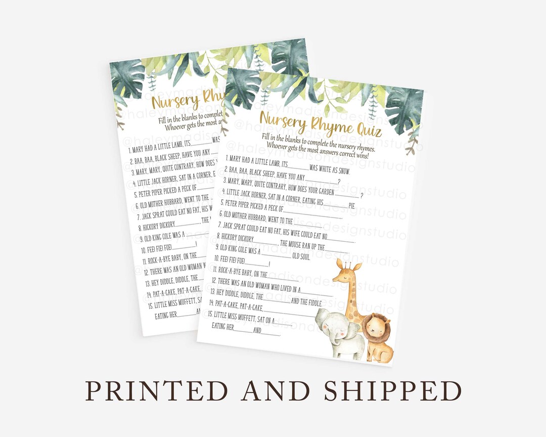 Safari Nursery Rhyme Quiz, Jungle Baby Shower Game, Safari Baby Shower