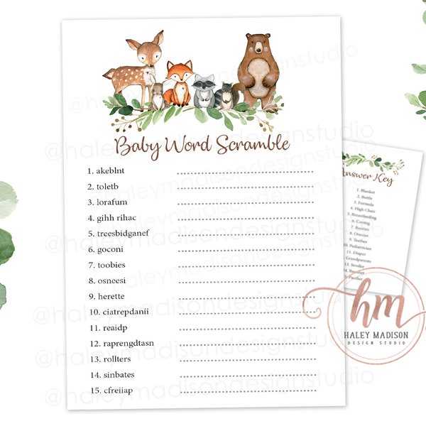 Woodland Baby Word Scramble Game, Woodland Baby Shower Word Scramble Game, Woodland Greenery baby shower games, woodland baby PRINTABLE