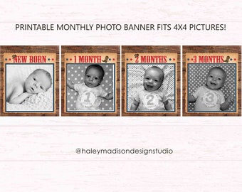 Little Cowboy photo banner, First Year Photo banner, Monthly photo banner, Cowboy first birthday party decorations New Born-12 Months HM788