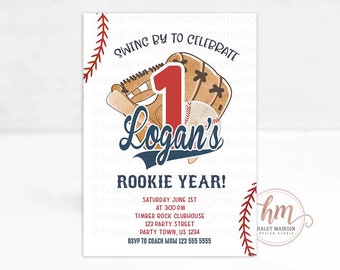 Rookie Year Baseball Invitation, Baseball first birthday Invitation, baseball invite, little slugger invitation, Rookie of the Year Invite