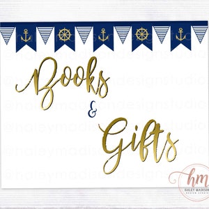 Nautical Books and Gifts Gold sign, Nautical  baby shower sign, Nautical baby shower, bring books, Nautical Gifts sign PRINTABLE FILE HM386