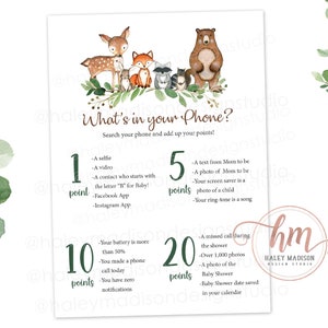 Woodland What&#39;s In Your Phone Baby Shower Game, Woodland Baby Shower Phone Game Woodland Greenery Baby Shower Game Woodland games PRINTABLE