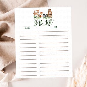 PRINTABLE Woodland Gift List, Greenery Woodland Baby Shower presents list, Woodland Birthday party present tracker, Woodland gift tracker