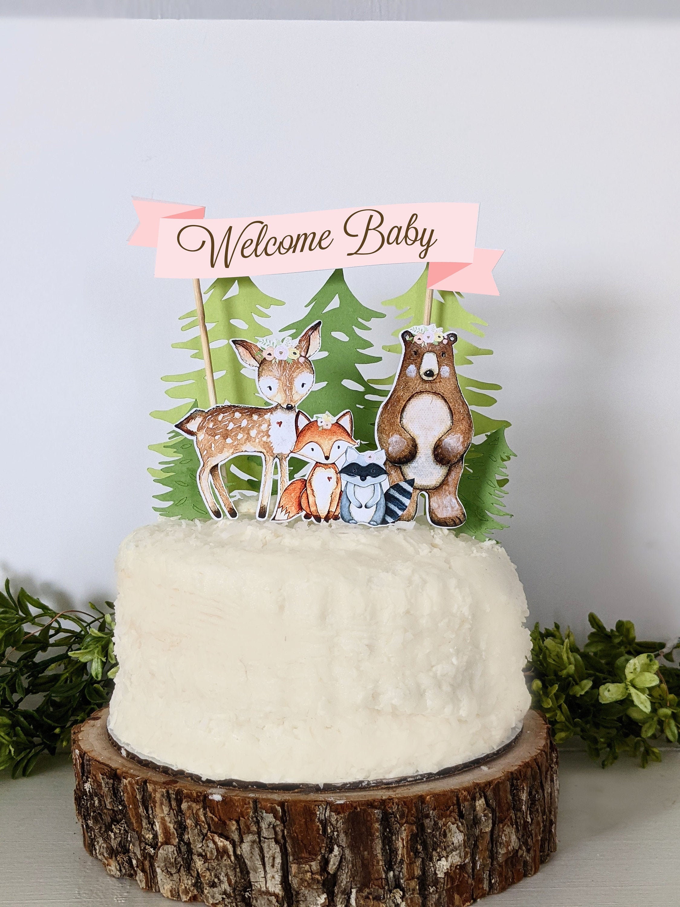 GIRL Woodland Baby Shower Cake Topper Woodland Welcome Baby - Etsy