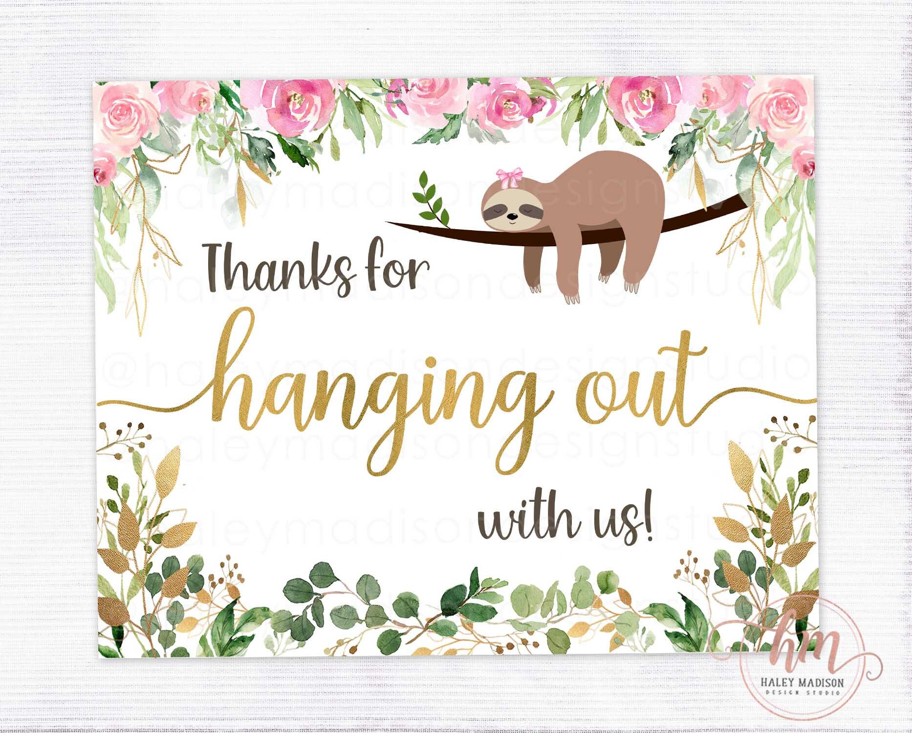 Floral Sloth Thanks for Hanging Out Baby Shower Sign, Greenery Sloth ...