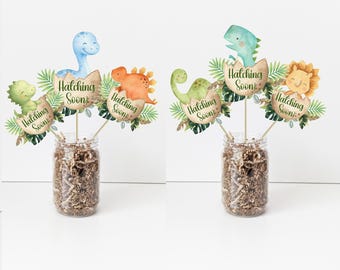 Dinosaur set of 6 Centerpieces size 6" tall, Hatching soon decorations