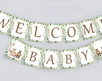 Woodland Welcome Baby Banner, Baby Shower Banner, Woodland Baby Shower, Woodland Greenery Baby shower, gender neutral baby shower banner