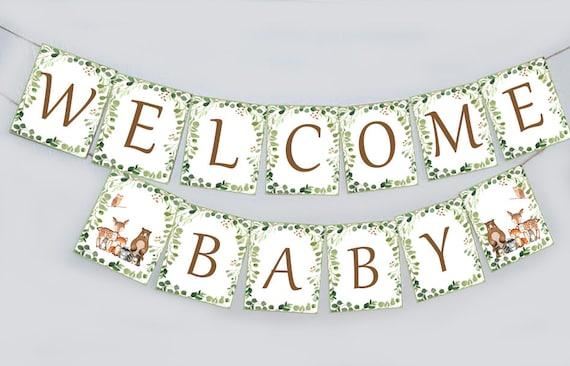 Woodland Welcome Baby Banner, Baby Shower Banner, Woodland Baby Shower, Woodland Greenery Baby shower, gender neutral baby shower banner