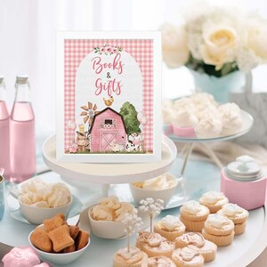 PRINTABLE Pink Farm Animals Books and Gifts sign 8x10 Baby girl farm theme sign Pink farm baby shower Gifts sign, Floral Farm Birthday party