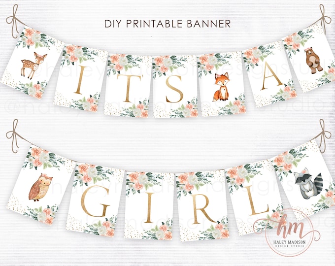 PRINTABLE Woodland It's a Girl Banner Woodland Floral - Etsy