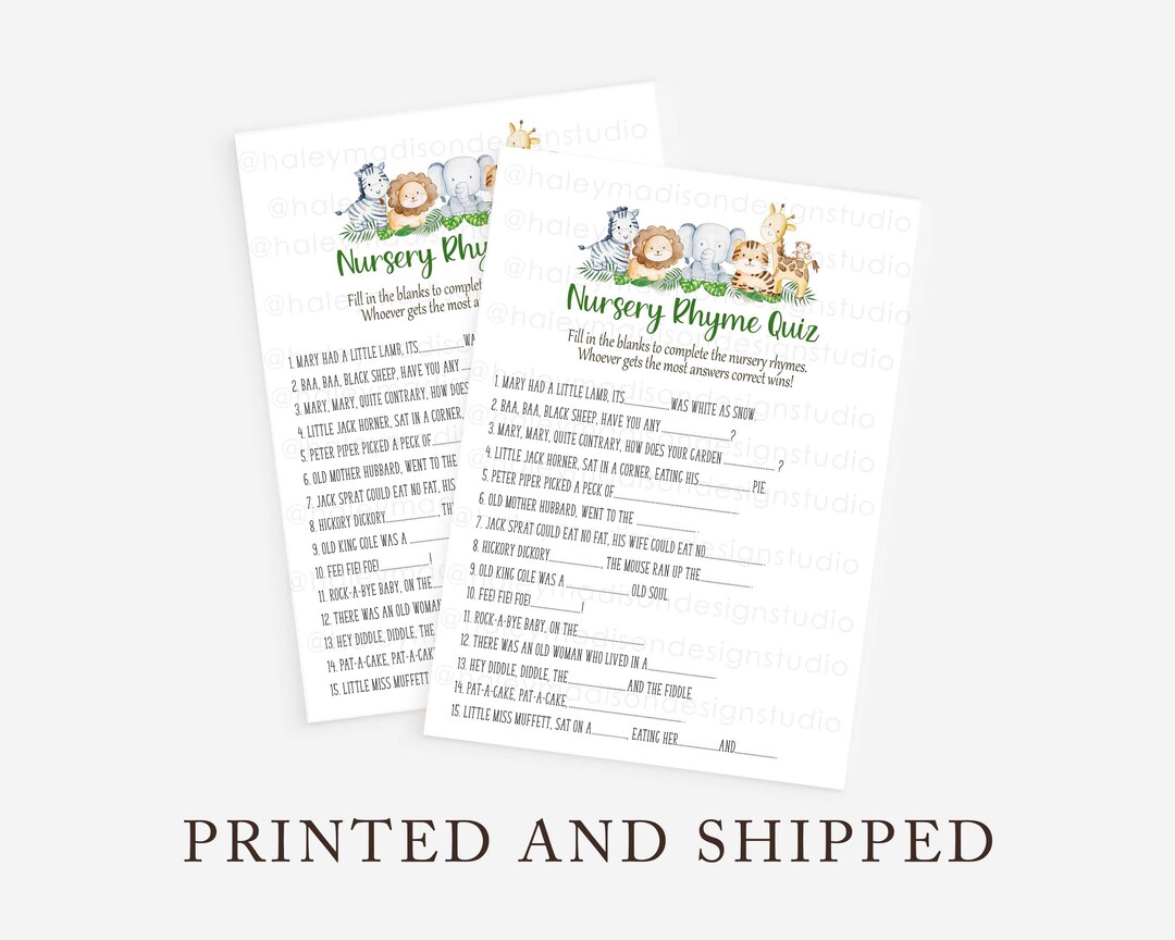 Jungle Nursery Rhyme Quiz, Jungle Baby Shower Game, Safari Baby Shower