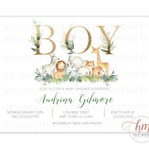 Jungle Baby Shower Invitation, Safari Baby Shower Invitation, Gold Baby Shower jungle invitation, Boy Jungle Baby Shower Invitation HM952