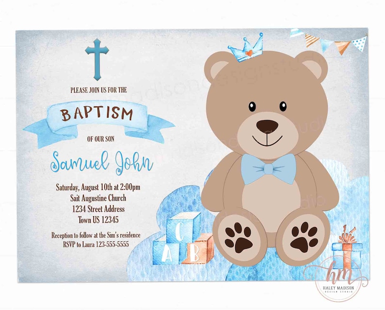 Baptism Invitation Teddy Bear Baptism Invitation Teddy Etsy