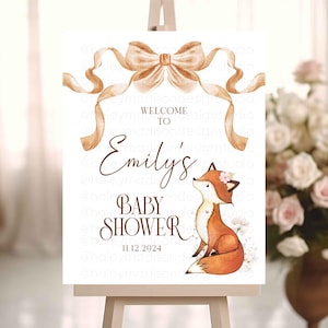 Cartello di benvenuto per baby shower a forma di volpe, fiocchi floreali, baby shower di benvenuto nel bosco, cartello di benvenuto per baby shower a forma di volpe, giardino della foresta, bosco