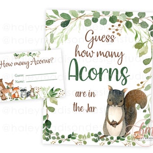 May include: A printable game card with a watercolor illustration of a squirrel holding an acorn. The card says "Guess how many acorns are in the jar". There is a separate card that says "How many acorns?" with spaces to write in a guess and a name.