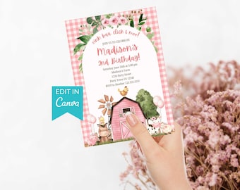 Rosa Bauernhofeinladung, Bauernhoftiere-Geburtstags-Party Einladung EDITIERBAR