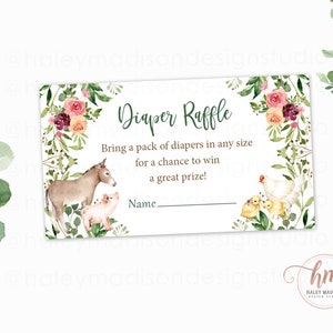 Cartes de tombola de couches de baby shower de ferme florale, apportez un paquet de couches, tombola de couches de baby shower de basse-cour Shower de bébé florale imprimable HM596